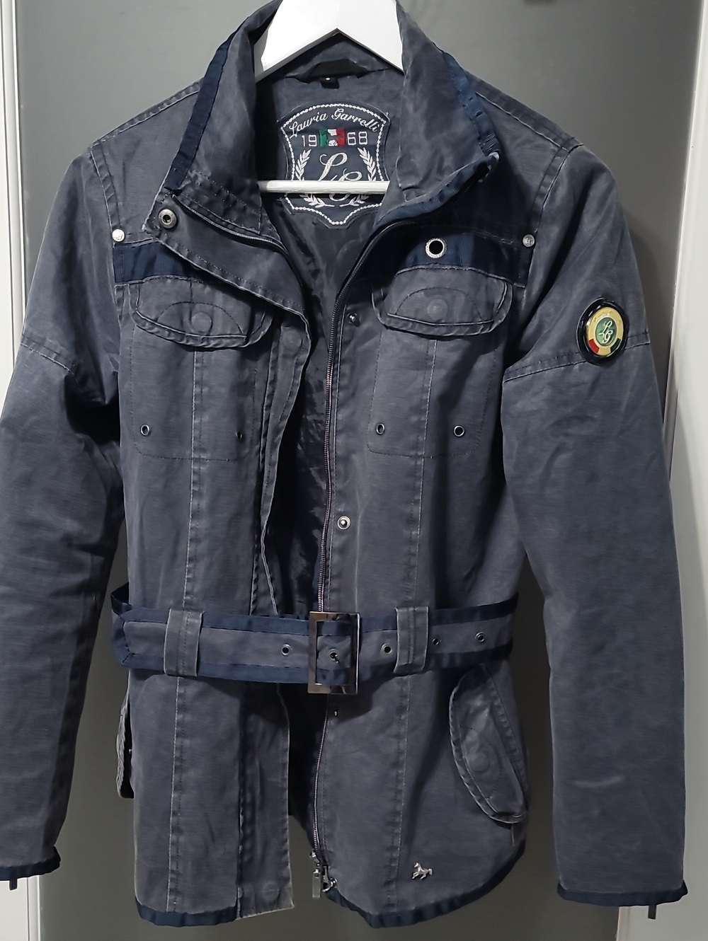 LAURIA GARELLI Navy Equestrian Jacket with Belt Size S